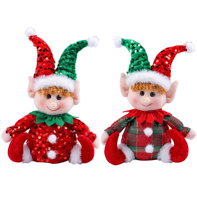 Păpușă drăguță de Crăciun, așezată, ornament pentru vitrină, cu pălărie cu paiete Rudolph