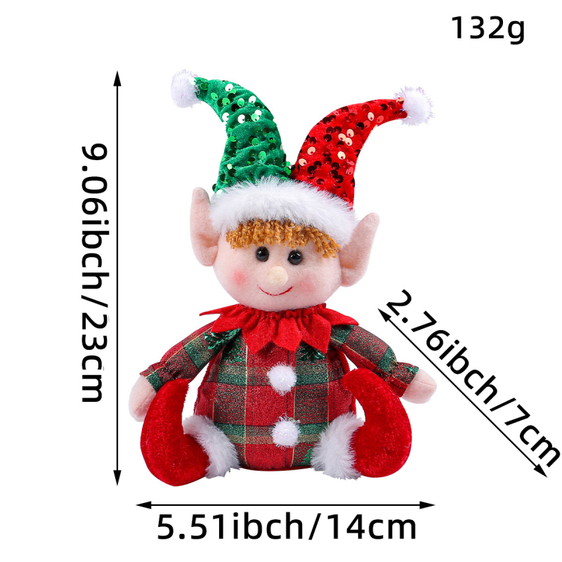 Păpușă drăguță de Crăciun, așezată, ornament pentru vitrină, cu pălărie cu paiete Rudolph