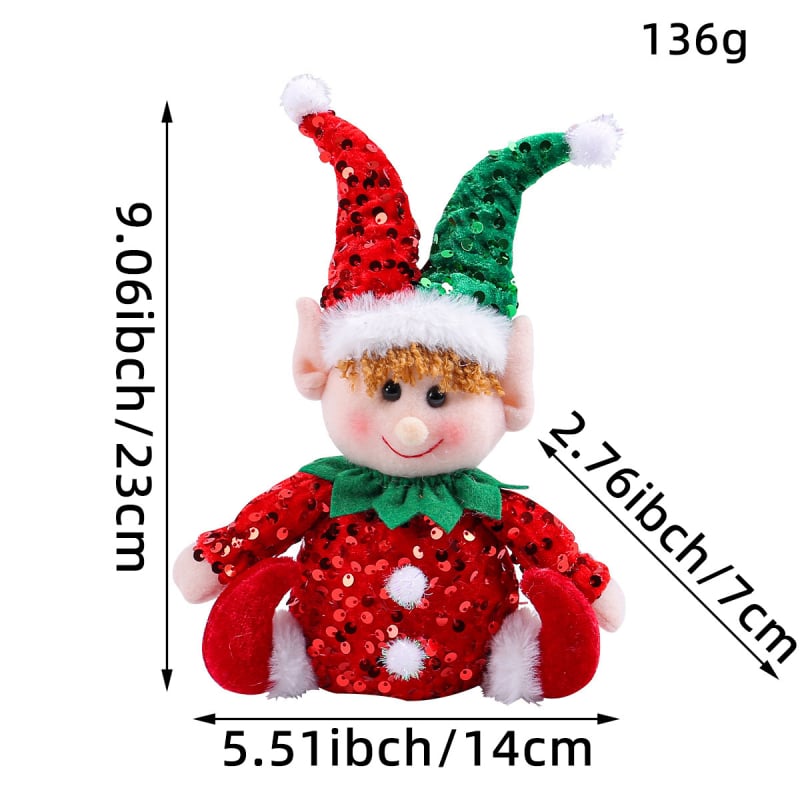 Păpușă drăguță de Crăciun, așezată, ornament pentru vitrină, cu pălărie cu paiete Rudolph