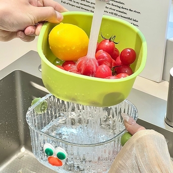 Tavă dublă pentru fructe și legume cu drenaj, instrument de curățare durabil pentru bucătărie