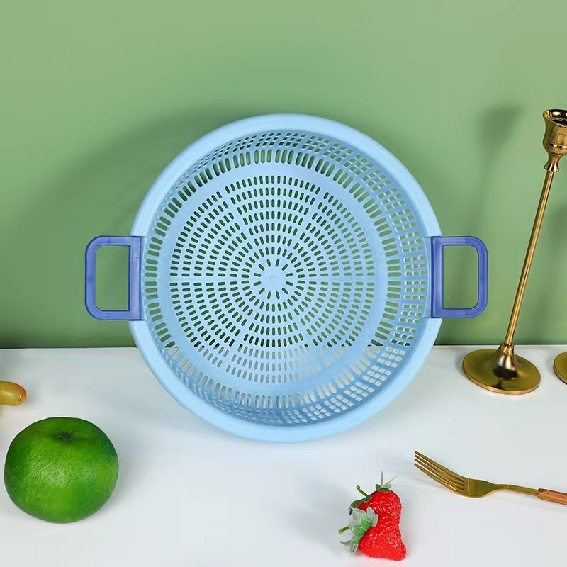 Coș rotund din plastic pentru scurgere, cu mâner, pentru spălat și depozitare fructe și legume – organizator de bucătărie multifuncțional