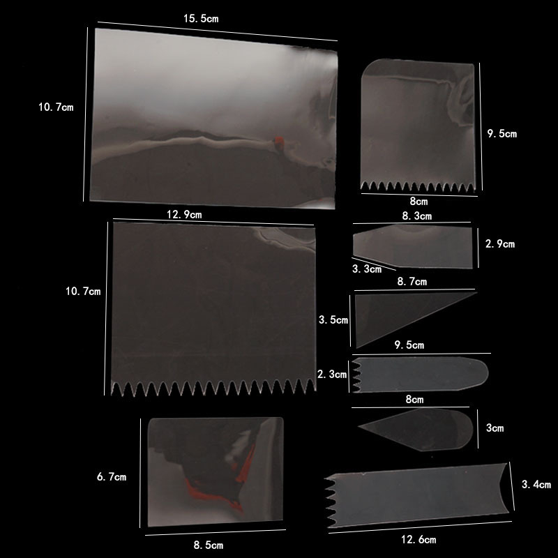 Set de 9 spatule din plastic transparent, moi, pentru netezirea cremei pe torturi, cu spatule dințate pentru decorare
