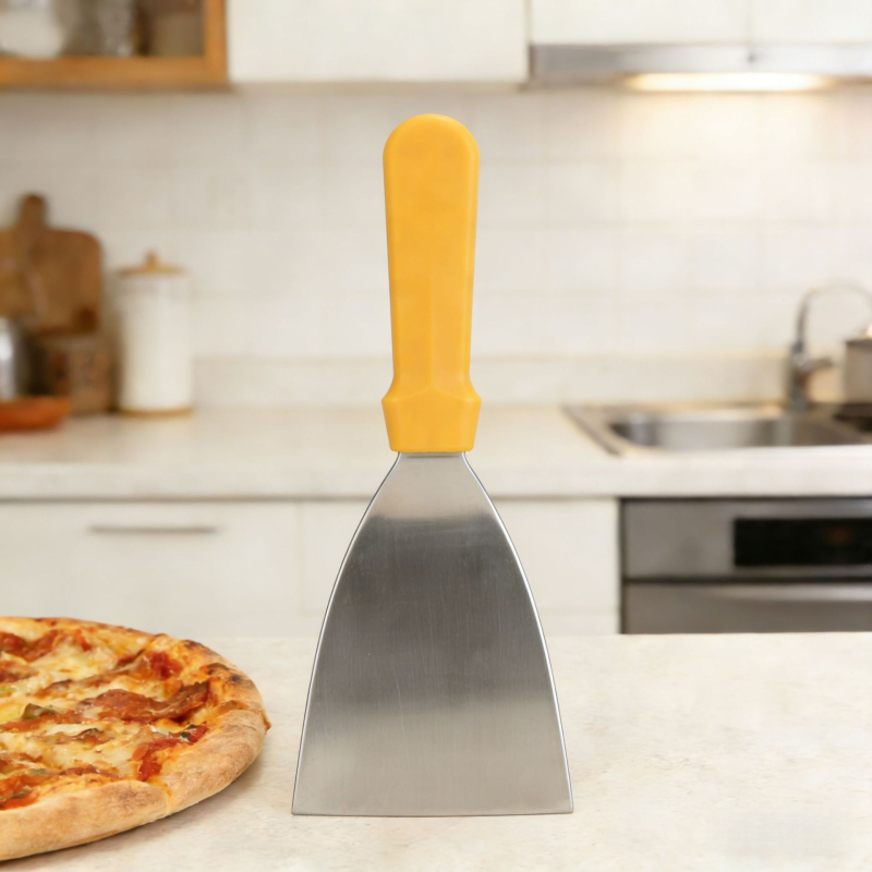 Spatula de bucătărie din oțel inoxidabil, mâner galben, pentru uz casnic; spatulă pentru ciocolată, spatulă pentru pizza, spatulă de coacere multifuncțională.