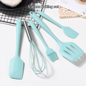 Set din silicon pentru cofetărie, format din cinci piese — spatule, tel pentru ouă, unelte pentru prăjituri și pensulă din silicon pentru ulei
