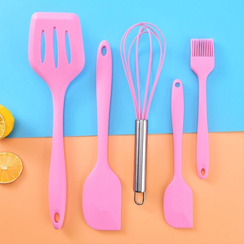 Set din silicon pentru cofetărie, format din cinci piese — spatule, tel pentru ouă, unelte pentru prăjituri și pensulă din silicon pentru ulei