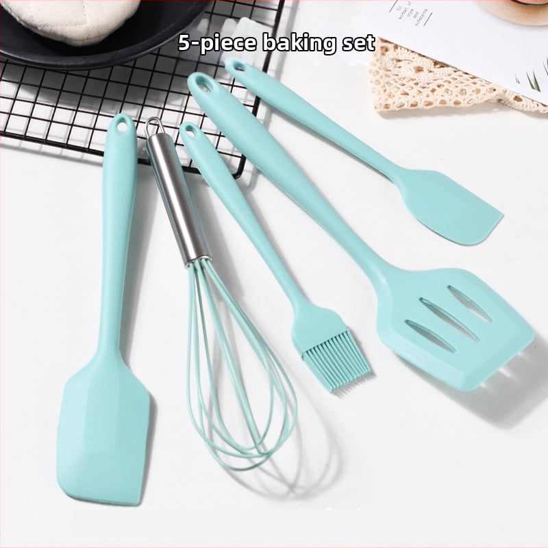 Set din silicon pentru cofetărie, format din cinci piese — spatule, tel pentru ouă, unelte pentru prăjituri și pensulă din silicon pentru ulei