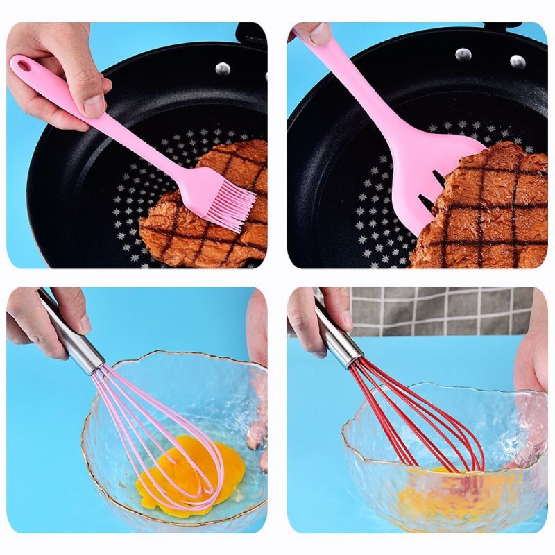 Set din silicon pentru cofetărie, format din cinci piese — spatule, tel pentru ouă, unelte pentru prăjituri și pensulă din silicon pentru ulei