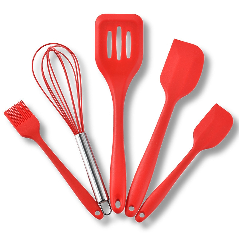 Set din silicon pentru cofetărie, format din cinci piese — spatule, tel pentru ouă, unelte pentru prăjituri și pensulă din silicon pentru ulei
