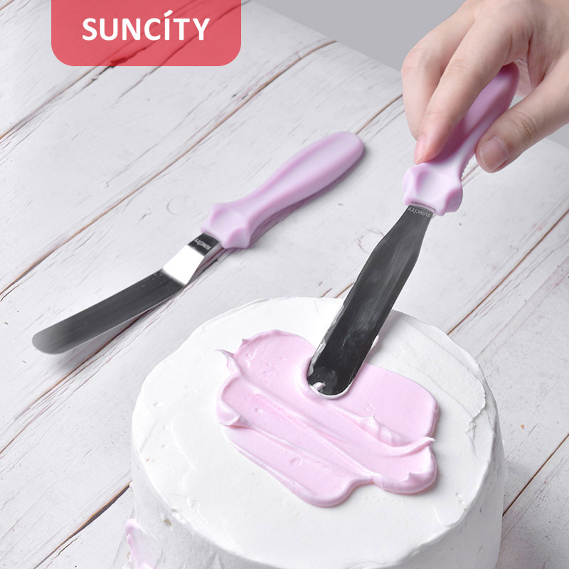 Spatulă pentru tort din oțel inoxidabil, lamă dreaptă și curbată, mâner din plastic