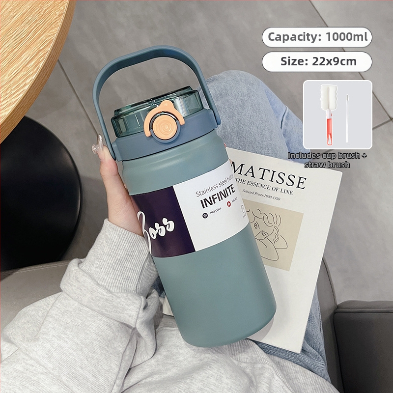 1000 ml izolovaný termos pohár, prenosný z nehrdzavejúcej ocele, vnútro 316, vonkajší 304, minimalistický rovný dizajn, udržiava teplotu 12–24 hodín