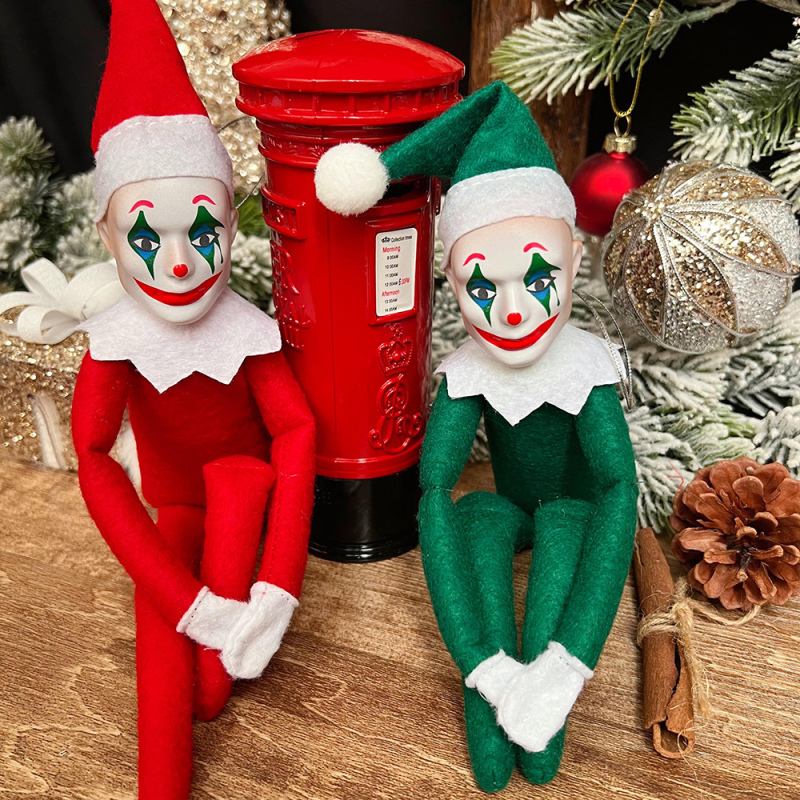 Figurină de Crăciun cu elf și clovn de Halloween – decor creativ de Crăciun