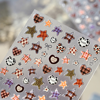 Naljepnice za nokte M1293: leopard print i srce, karirani uzorak sa zvjezdicama, retro kampus stil