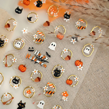 Tensor Nokt naljepnice za Halloween – Crna mačka duh, M1288, zlatna folija, cvijeće, mačka na prozoru, tikva