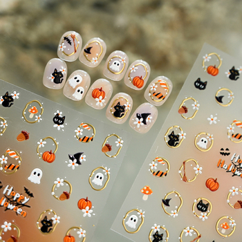 Tensor Nokt naljepnice za Halloween – Crna mačka duh, M1288, zlatna folija, cvijeće, mačka na prozoru, tikva