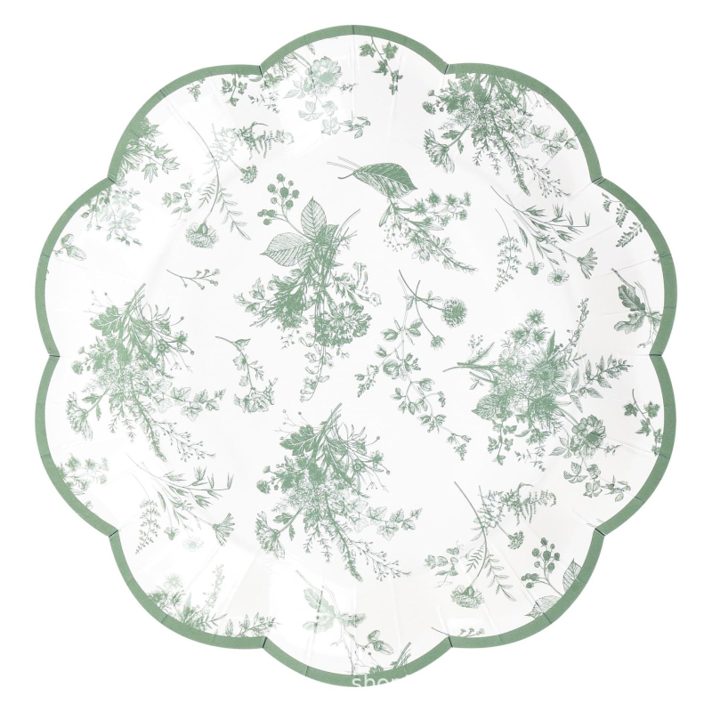 Farfurii de desert de unică folosință gri-verzui, cu model vintage floral de frunze, temă Crăciun, pentru petreceri de ziua de naștere și ceaiul miresei