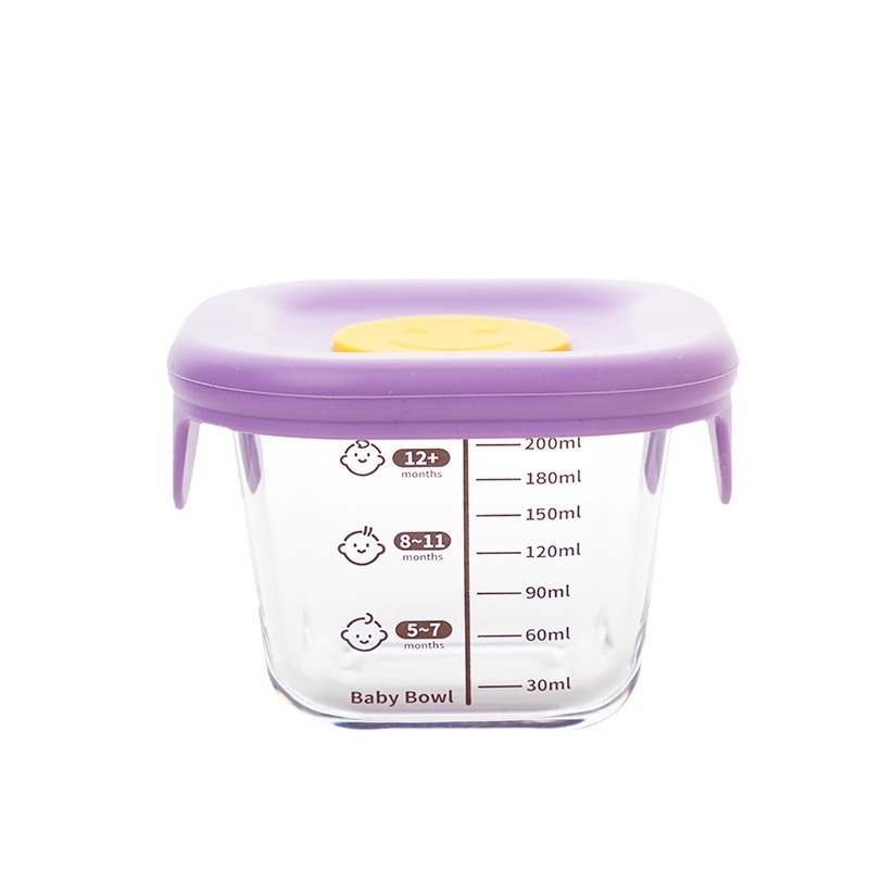 Μεγάλο μπολ από γυαλί υψηλής αντοχής 200 ml για βρεφικό φαγητό, με καπάκι σιλικόνης για στεγανοποίηση, κατάλληλο για φούρνο μικροκυμάτων