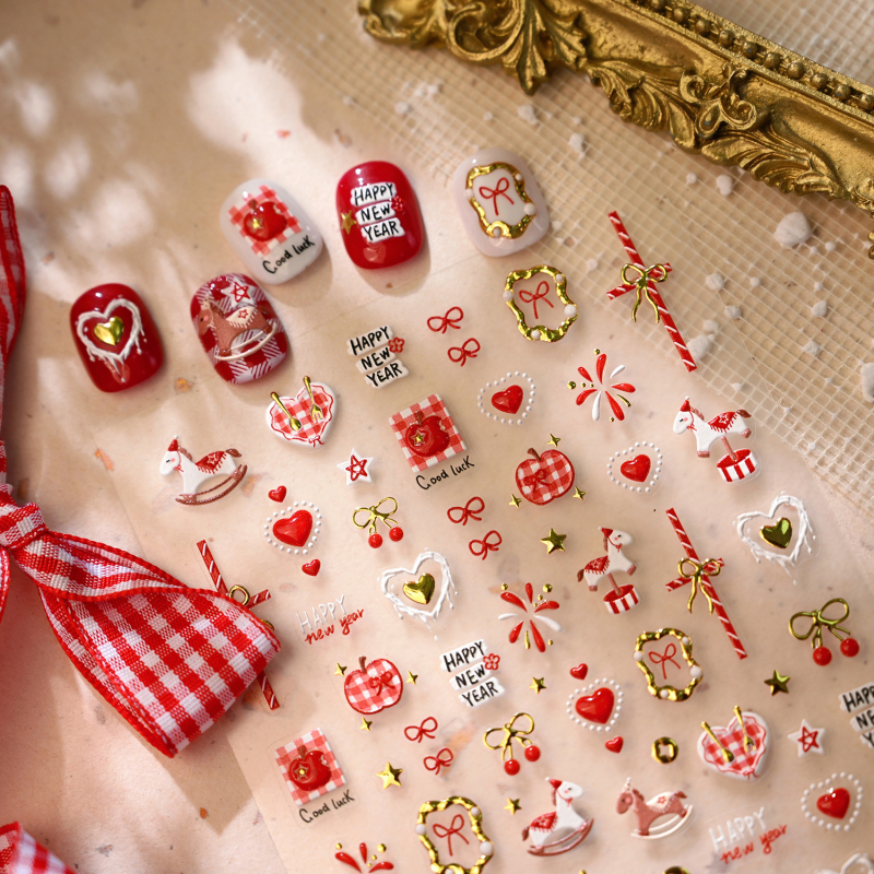Nail stickers M1340: slatke zlatne ponije sa srcem i vatrometom