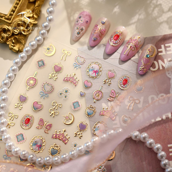 Naljepnice za nokte inspirirane Sailor Moon, model M-1370, reljefno ugravirane i otisnute, sa srebrnim sjajem, motivi srca, kruna, zvijezda i mašna
