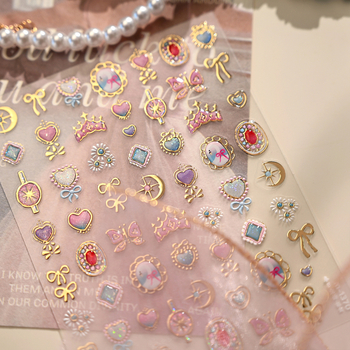 Naljepnice za nokte inspirirane Sailor Moon, model M-1370, reljefno ugravirane i otisnute, sa srebrnim sjajem, motivi srca, kruna, zvijezda i mašna