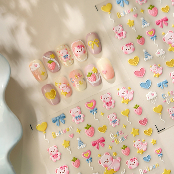 Dječje naljepnice za nokte s medvjedićem – TS4050, mašne, baloni, zvjezdice, sladak proljetni piknik stil