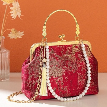 Kínai stílusú hímzett női táska, Hanfu-ihletésű elegáns retro kézitáska aranyszínű záróval