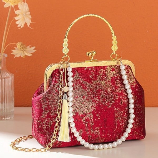 Kínai stílusú hímzett női táska, Hanfu-ihletésű elegáns retro kézitáska aranyszínű záróval