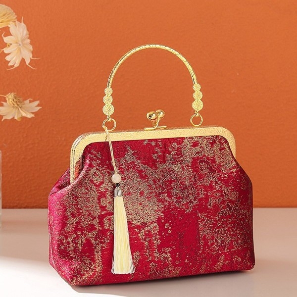 Kínai stílusú hímzett női táska, Hanfu-ihletésű elegáns retro kézitáska aranyszínű záróval