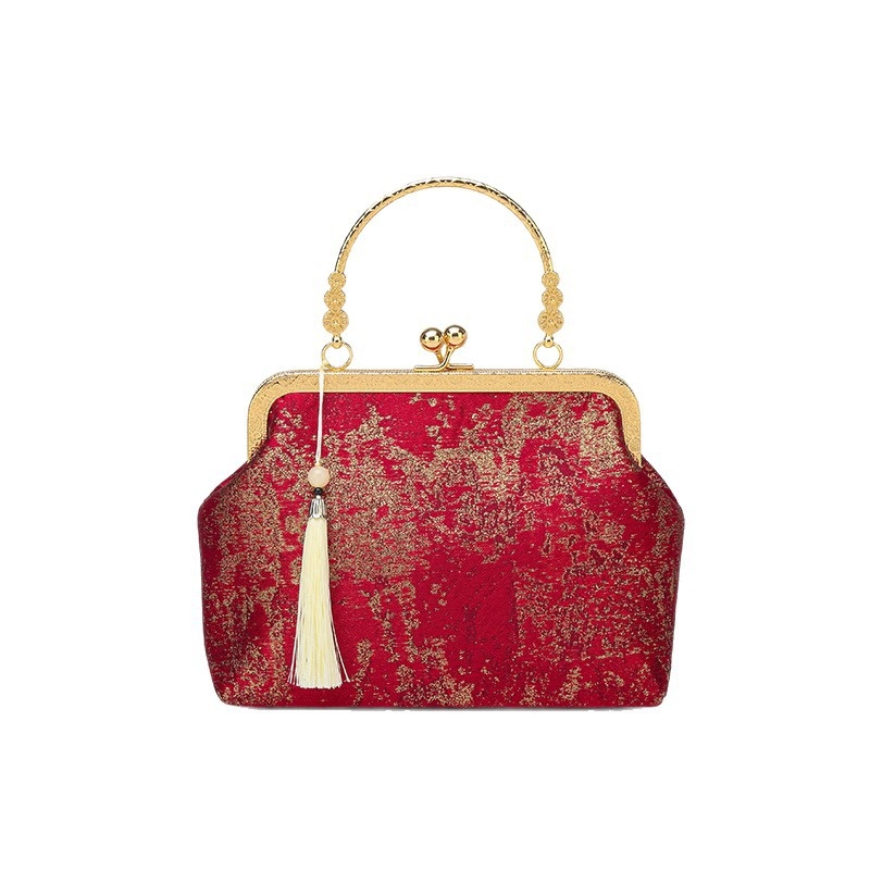 Kínai stílusú hímzett női táska, Hanfu-ihletésű elegáns retro kézitáska aranyszínű záróval