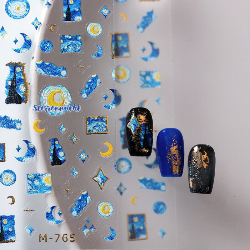 Reljefne naljepnice za nokte s ljepjivom stražnjom stranom, tanke Pro serije M-765, metalno zlat završetak; uzorci: Bow Tie, Starry Sky, Butterfly, Four-Pointed Star