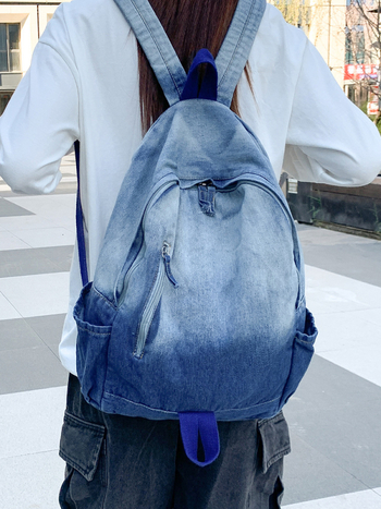 Ruksak od platna s gradientnim pranjem i vintag denim izgledom, unisex, za sveučilištarce, kompatibilan s 14-inčnim prijenosnim računalom