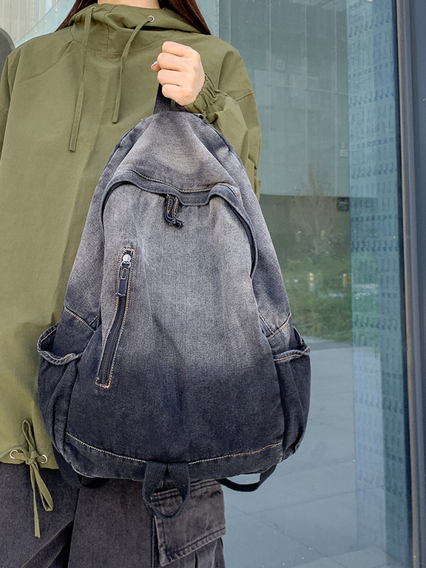 Ruksak od platna s gradientnim pranjem i vintag denim izgledom, unisex, za sveučilištarce, kompatibilan s 14-inčnim prijenosnim računalom