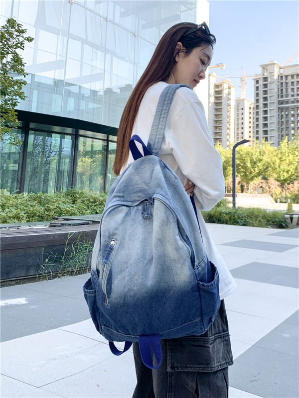Ruksak od platna s gradientnim pranjem i vintag denim izgledom, unisex, za sveučilištarce, kompatibilan s 14-inčnim prijenosnim računalom