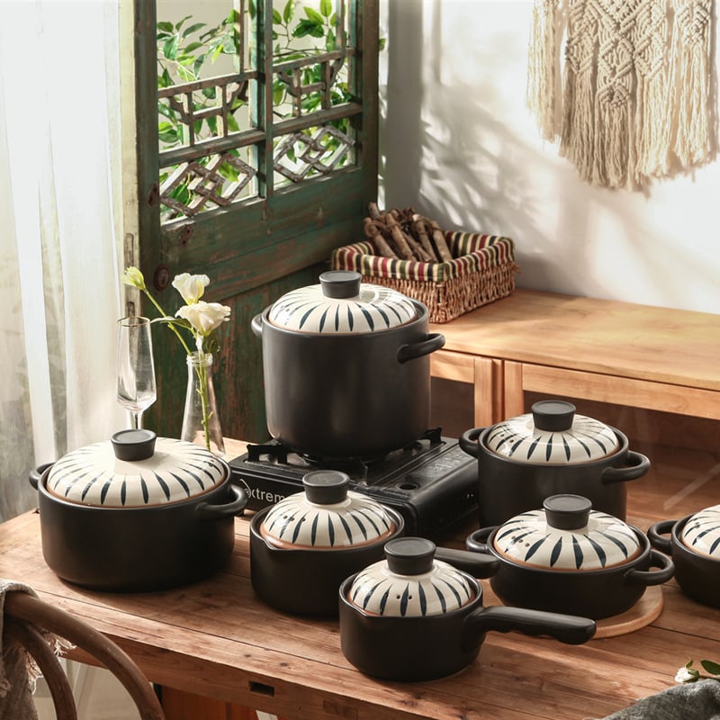 Caserolă ceramică rezistentă la foc deschis, cu mânere duble, oală rotundă pentru supe și tocănițe, potrivită pentru plită cu gaz