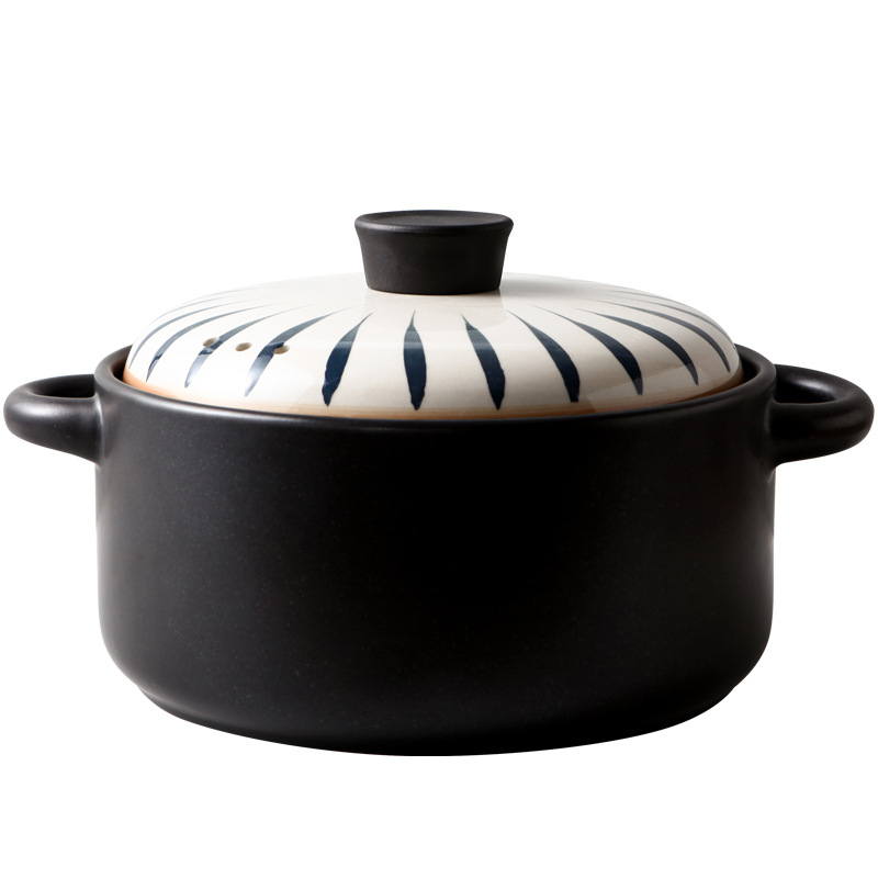 Caserolă ceramică rezistentă la foc deschis, cu mânere duble, oală rotundă pentru supe și tocănițe, potrivită pentru plită cu gaz