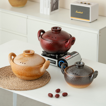 Caserolă ceramică vintage cu două mânere pentru supe și tocană, oală mică cu bază plată, rezistentă la temperaturi înalte, potrivită pentru aragaz cu gaz și flacără deschisă