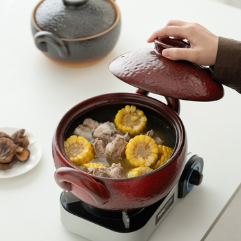 Caserolă ceramică vintage cu două mânere pentru supe și tocană, oală mică cu bază plată, rezistentă la temperaturi înalte, potrivită pentru aragaz cu gaz și flacără deschisă