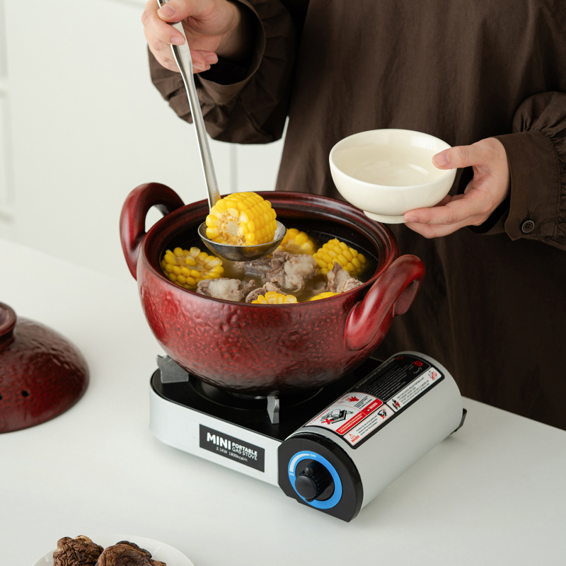 Caserolă ceramică vintage cu două mânere pentru supe și tocană, oală mică cu bază plată, rezistentă la temperaturi înalte, potrivită pentru aragaz cu gaz și flacără deschisă