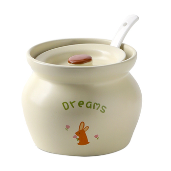Oală ceramică pentru o singură porție, crem, cu design cu un animal mic, rezistentă la temperaturi înalte, ceramică îngroșată, stil minimalist, gătire la abur în baie de apă
