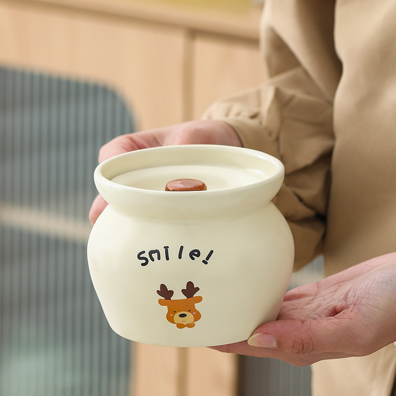 Oală ceramică pentru o singură porție, crem, cu design cu un animal mic, rezistentă la temperaturi înalte, ceramică îngroșată, stil minimalist, gătire la abur în baie de apă