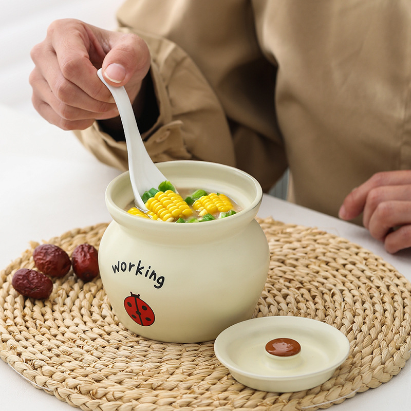 Oală ceramică pentru o singură porție, crem, cu design cu un animal mic, rezistentă la temperaturi înalte, ceramică îngroșată, stil minimalist, gătire la abur în baie de apă