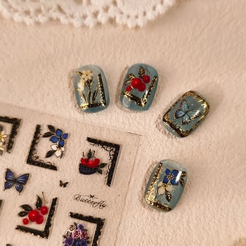 Nokti dekoracije s reljefnim motivom leptira i zlatom folijom, Jelly Gel serija, model M-895, s ljepilnom stražnjom stranom