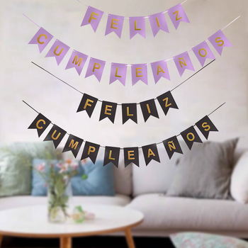 Banner de ziua de naștere cu litere aurite, Feliz Cumpleaños în limba spaniolă, stegulețe triunghiulare din hârtie groasă