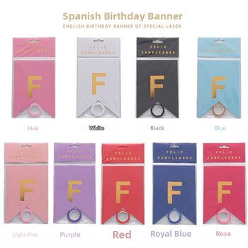 Banner de ziua de naștere cu litere aurite, Feliz Cumpleaños în limba spaniolă, stegulețe triunghiulare din hârtie groasă