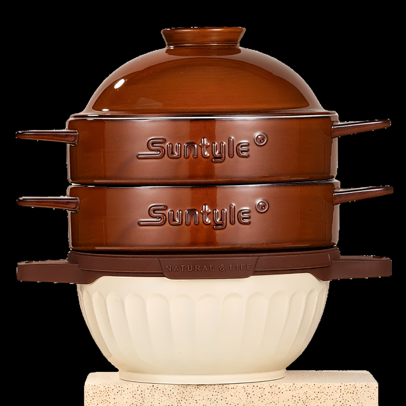 Suntyle oală aburitoare cu mai multe etaje, capac ceramic, pentru supe, pui și fructe de mare