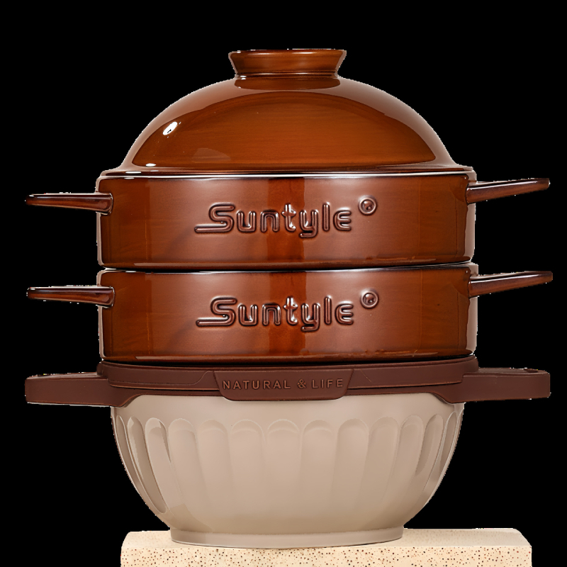 Suntyle oală aburitoare cu mai multe etaje, capac ceramic, pentru supe, pui și fructe de mare