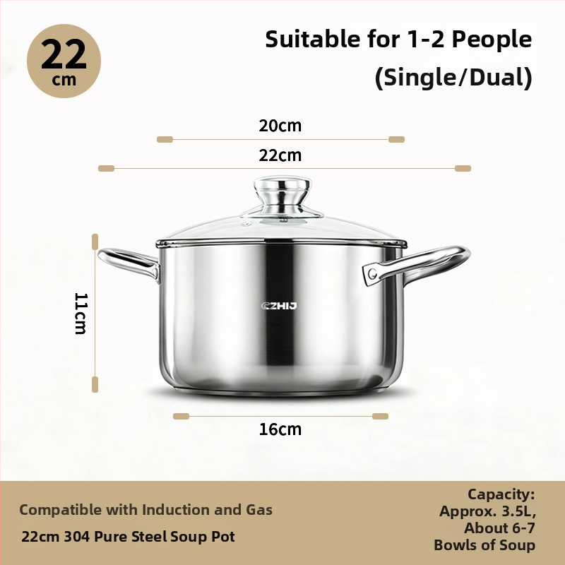 Oală de supă din oțel inoxidabil 304, fără strat, pentru aburire și gătit, capacitate mare pentru uz casnic, compatibilă cu plite pe gaz și plite cu inducție.