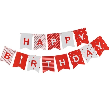 Banner de ziua de naștere din hârtie roșie cu dungi de lumânări și steaguri în formă de coadă de pește — Happy Birthday