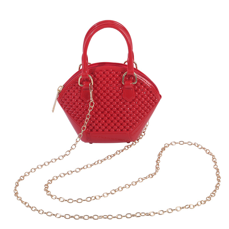 Mini PVC torba s lancem, školjkasti dizajn s perlicama, zatvaranje na zip, bez podstave, pretinac za karticu, za svakodnevnu upotrebu, s jednom naramenicom