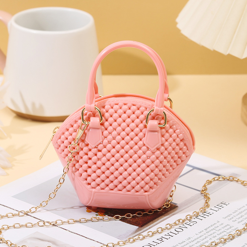 Mini PVC torba s lancem, školjkasti dizajn s perlicama, zatvaranje na zip, bez podstave, pretinac za karticu, za svakodnevnu upotrebu, s jednom naramenicom