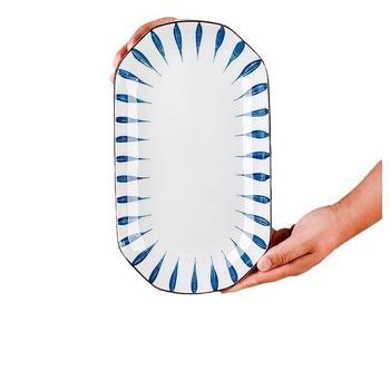 Farfurie ceramică pentru pește, cu formă dreptunghiulară și ovală, dungi verticale, potrivită pentru gătit la aburi sau la grătar, în stilul Chinei moderne